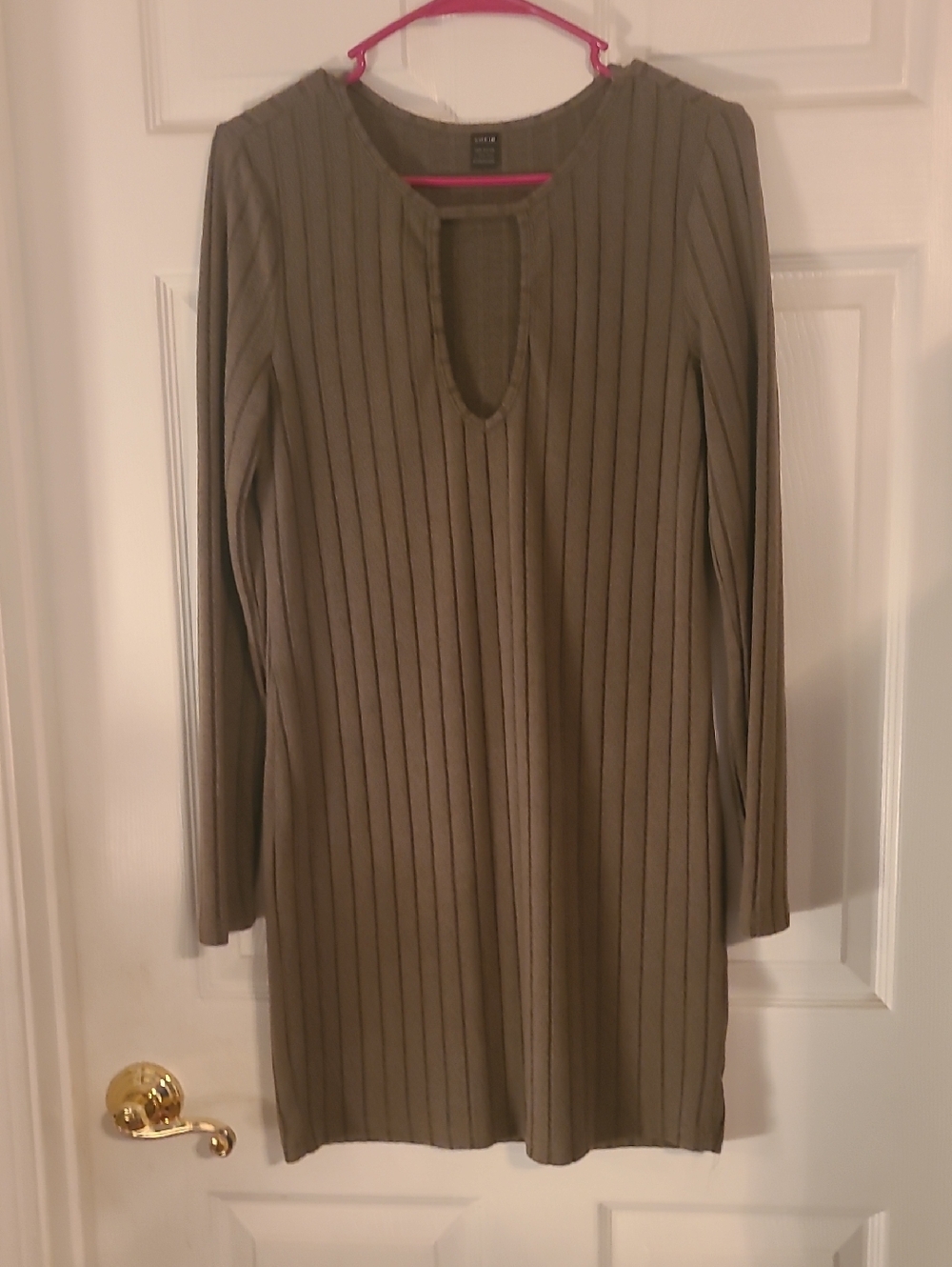 SHEIN Olive Ribbed Long-Sleeve Keyhole Dress